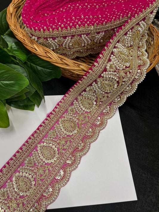 Beautiful Cutdana & Pearl Work Maggam Work Bridal Lace – Premium Designer Bridal Lace | Rani Pink