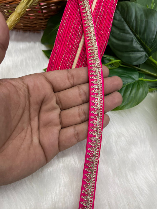 Embroidered Designer Lace - Indian Wedding Trims, Saree Border, Lace Reel 9 Meter (0.5 Inch Width) | Rani Pink
