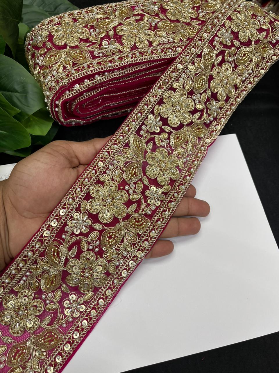 Designer Maggam Work Saree Lace on Net Fabric – Handcrafted Embroidered Lace Border for Sarees, Blouses & Lehengas (3.5 Inch) | Rani Pink