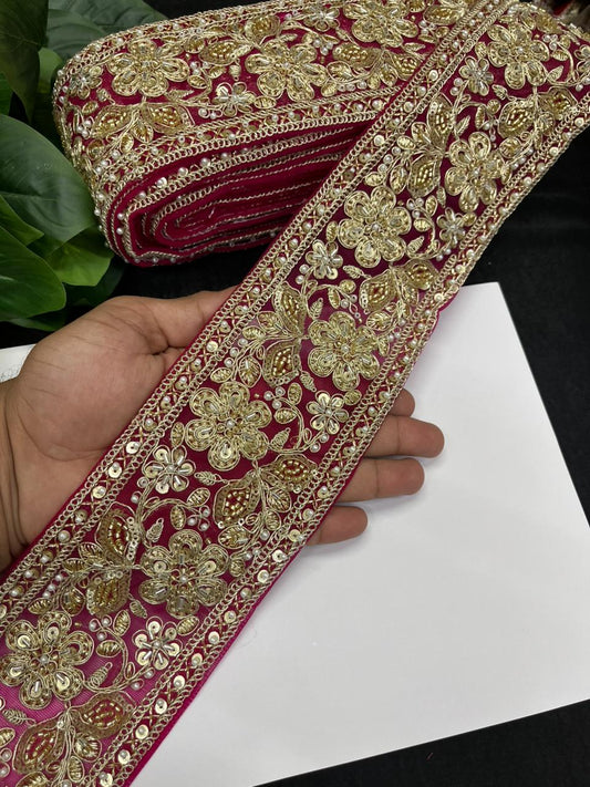 Designer Maggam Work Saree Lace on Net Fabric – Handcrafted Embroidered Lace Border for Sarees, Blouses & Lehengas (3.5 Inch) | Rani Pink