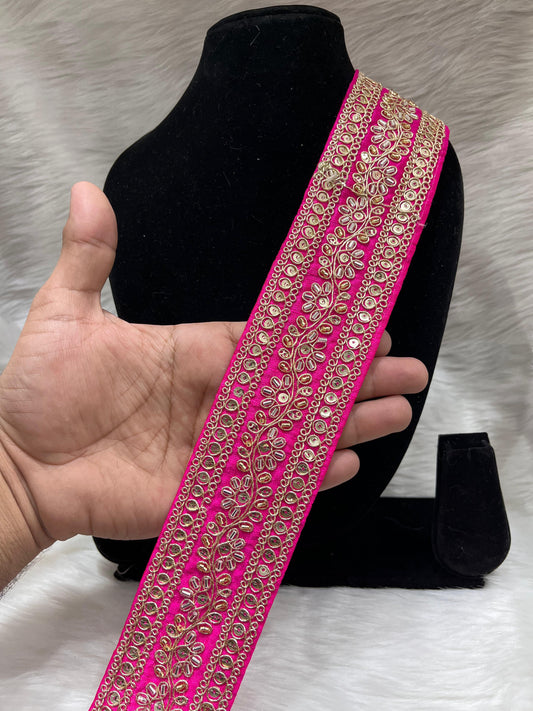 Maggam Work Lace for Saree and Dupatta | Katdana Handmade Lace – 9 Meters, 2-Inch Width | Rani Pink