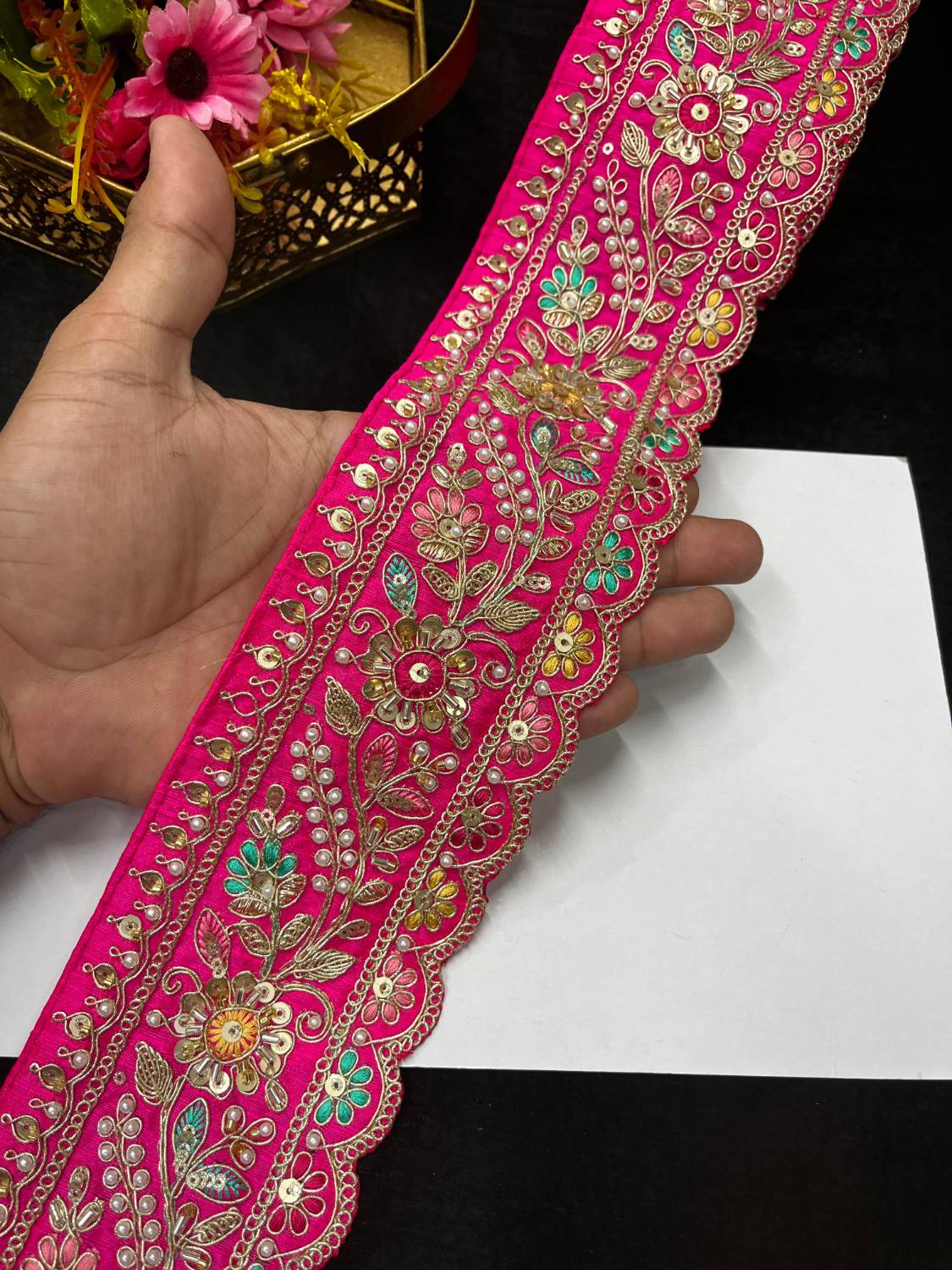 Multicoloured Sabyasachi Inspired Beaded & Katdana Work Saree Lace Border – Premium Maggam Work Trim for Bridal & Designer Wear (9 Meter, 3.5 Inch Width) | Rani Pink