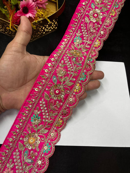 Multicoloured Sabyasachi Inspired Beaded & Katdana Work Saree Lace Border – Premium Maggam Work Trim for Bridal & Designer Wear (9 Meter, 3.5 Inch Width) | Rani Pink