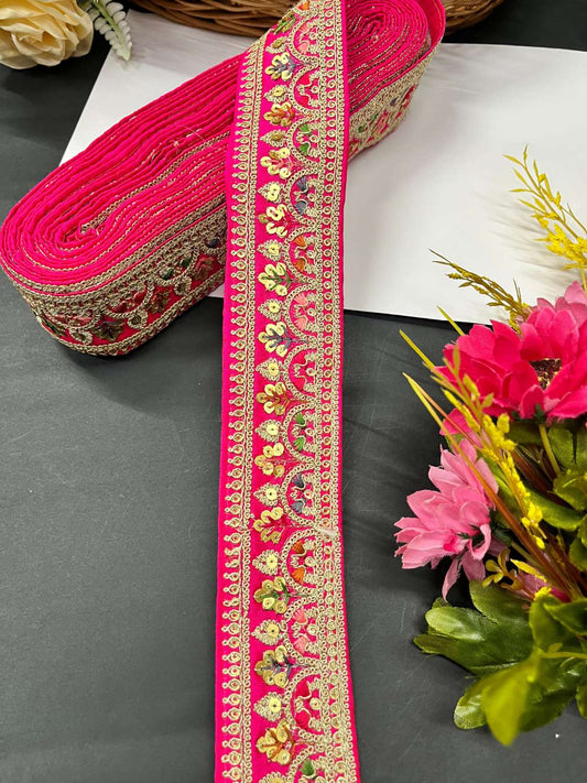Sabyasachi Inspired Embroidered Saree Laces Border – Designer Lace Trim for Sarees, Lehengas & Dupattas (9 Meter) | Rani Pink