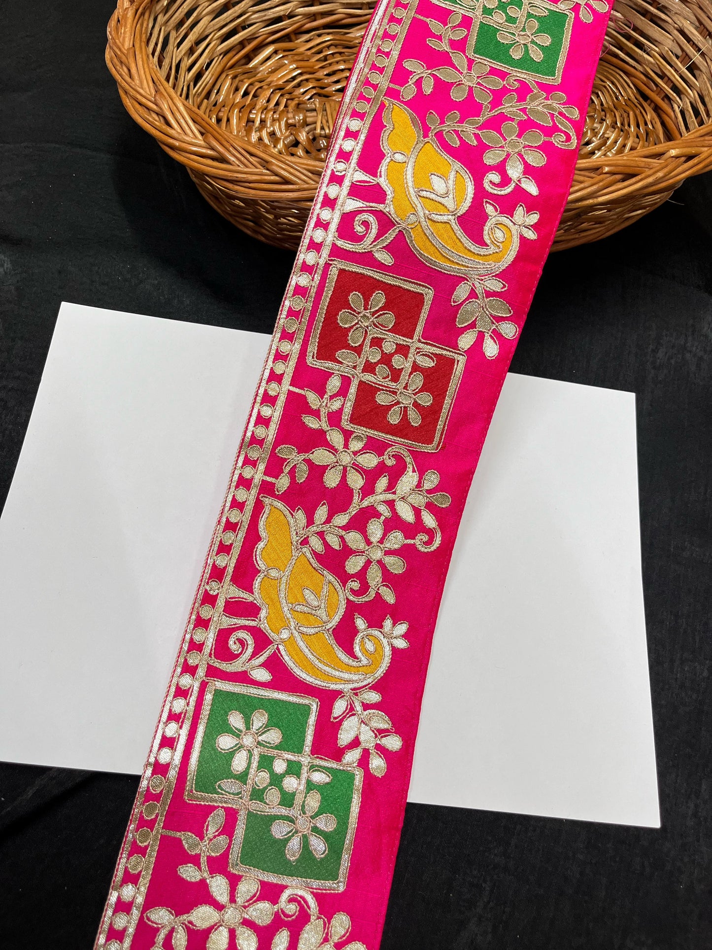 Traditional Peacock Design Gota Patti Lace – 9 Meters, 4-Inch Decorative Border Trim for Sarees, Lehengas & Dupattas - Rani Pink