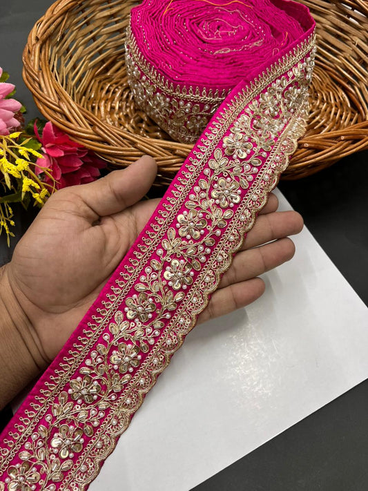 Beaded Embroidered Bridal Laces – Premium Maggam Work Borders for Sarees, Lehengas & Dupattas (9 Meter, 2.5 Inch Width) | Rani Pink
