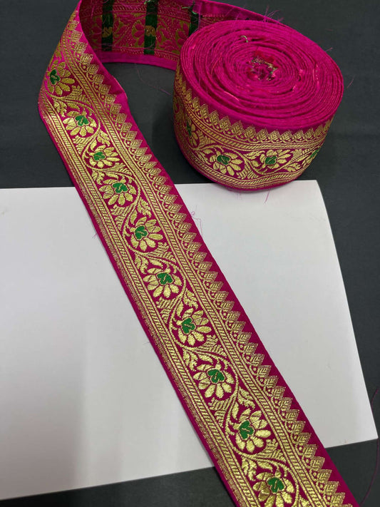 Banarasi Handloom Vintage Pure Silk Border – 9 Meters, 2-Inch Traditional Zari Embroidered Trim for Sarees & Lehengas | Rani Pink