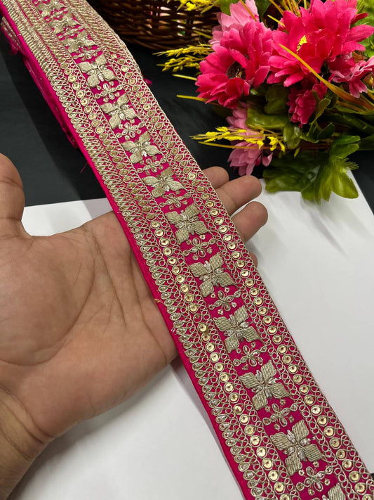 Zari Embroidered Saree Lace Border Trim for Dupatta & Dresses – Fancy Embellished Lace (9 Meter) | Rani Pink