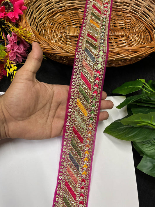 Sabyasachi Inspired Bead & Katdana Embellishment Saree Lace – 9 Meters, 2.25-Inch Designer Border for Lehengas & Dupattas - Rani Pink