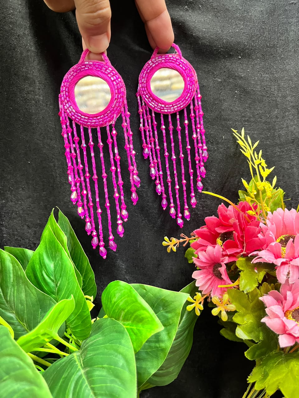 Designer Mirror Work Latkans for Blouses & Lehengas – Decorative Mirror Tassels for Ethnic Wear (6 Inch) | DC0981 | Rani Pink