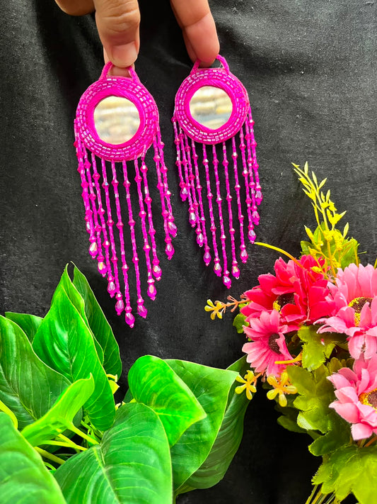 Designer Mirror Work Latkans for Blouses & Lehengas – Decorative Mirror Tassels for Ethnic Wear (6 Inch) | DC0981 | Rani Pink