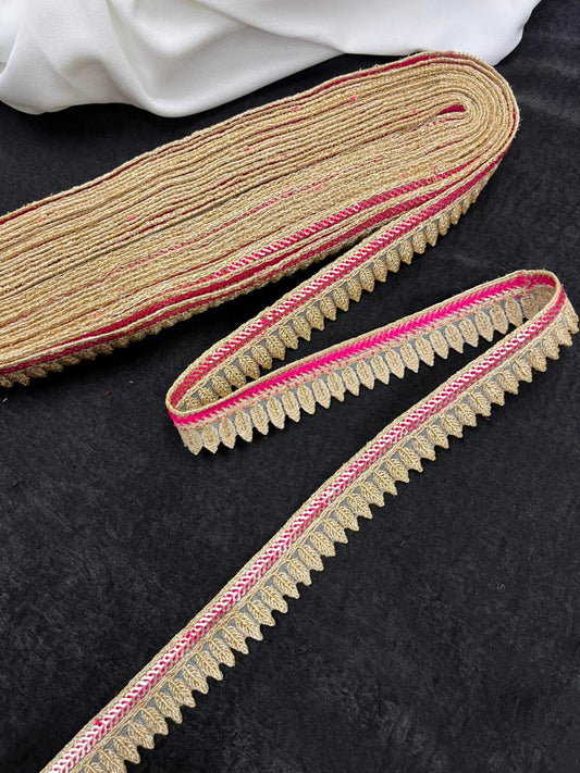 Beautiful Embroidery Zari Lace Borders for Sarees, Kurtis & Dresses – Decorative Ethnic Embroidered Lace Trim | Rani Pink