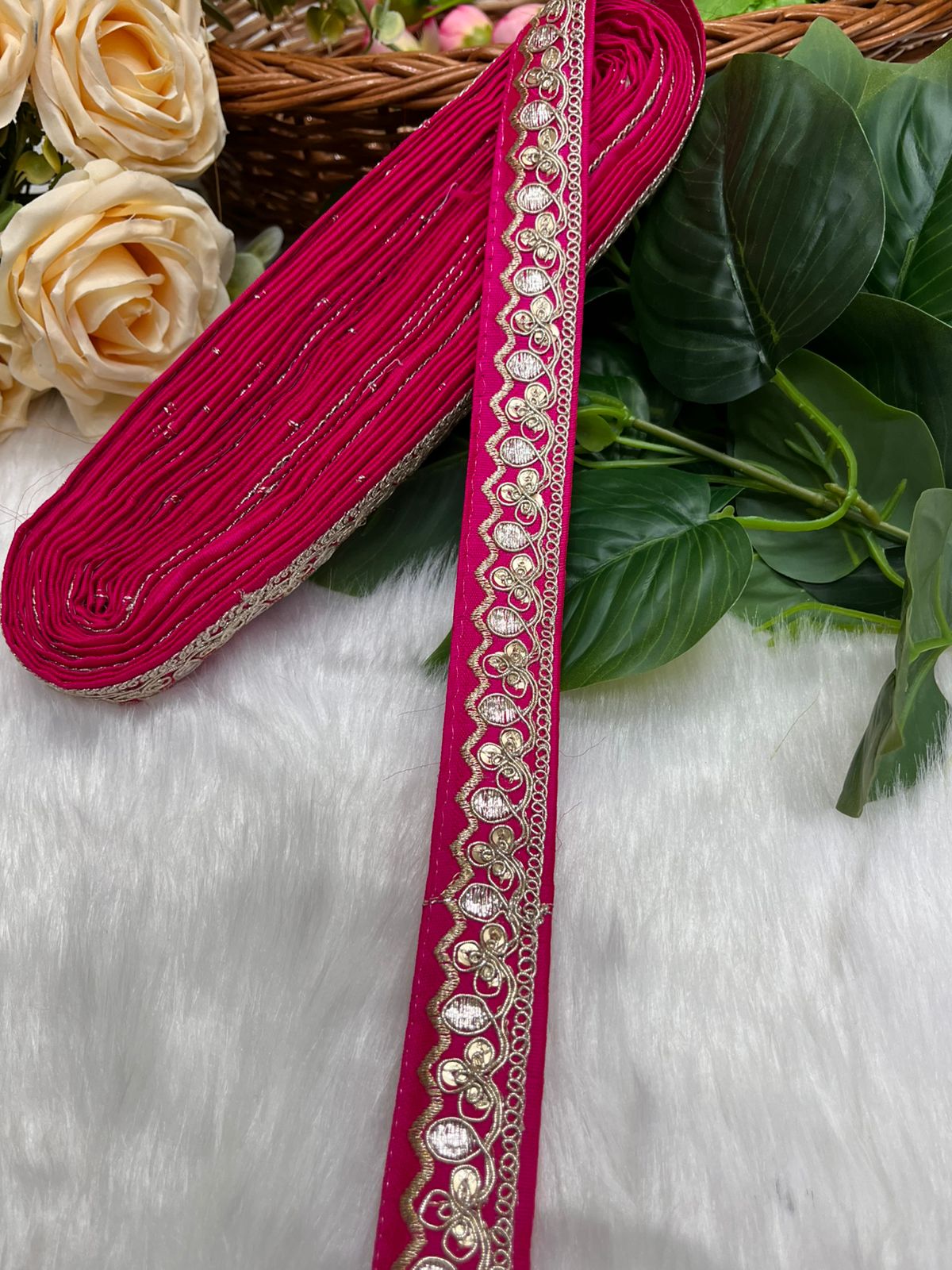 Gold Zari Work Embroidery Lace Borders - Perfect for Sarees, Dupattas, Lehengas, and Craft Projects | Rani Pink