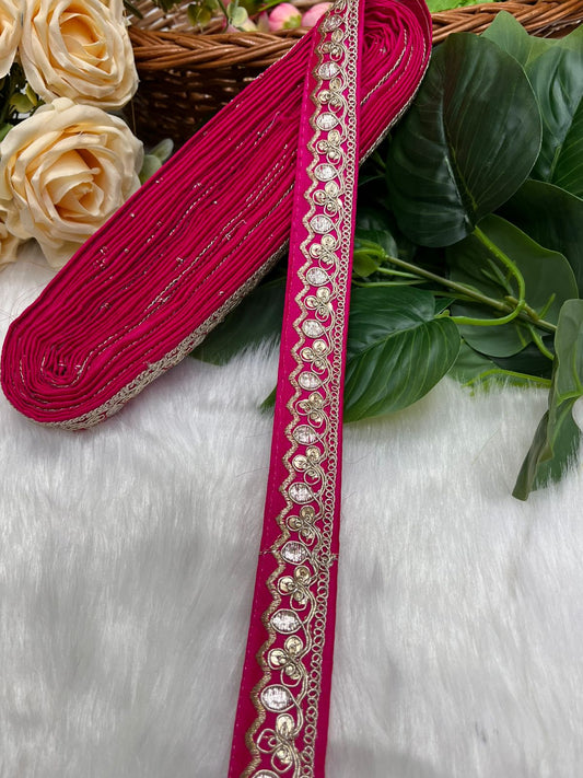 Gold Zari Work Embroidery Lace Borders - Perfect for Sarees, Dupattas, Lehengas, and Craft Projects | Rani Pink