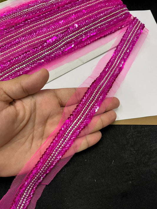 Handmade Sequins Diamond Lace on Net Fabric for Sarees, Kurtis & Dresses – Designer Embroidered Lace Border (1.5 Inch) | Rani Pink
