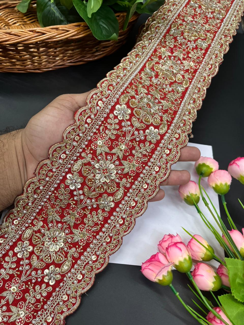 Exclusive Bridal Lace Collection – Premium Heavy Lehenga Border for Sarees, Dupattas & Wedding Outfits (9 Meter, 5 Inch Width) | Red