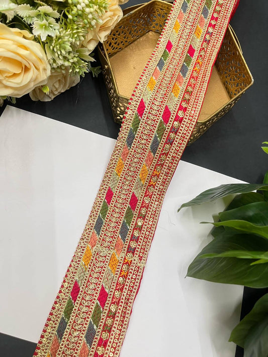 Sabyasachi Inspired Embroidery Lace – 9 Meters, 3-Inch Width | Red 1