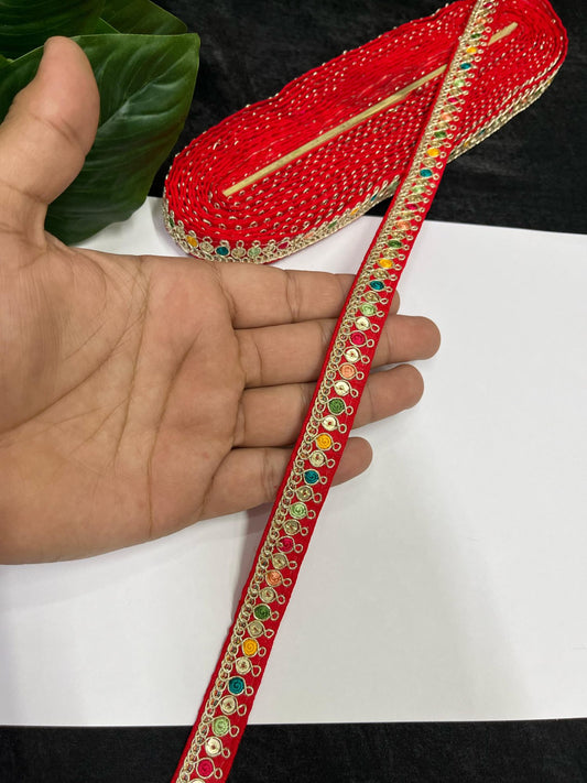 Multicolored Sabyasachi Inspired Embroidered Lace – 9 Meters, 0.5-Inch Designer Trim for Sarees, Lehengas & Dupattas | Red