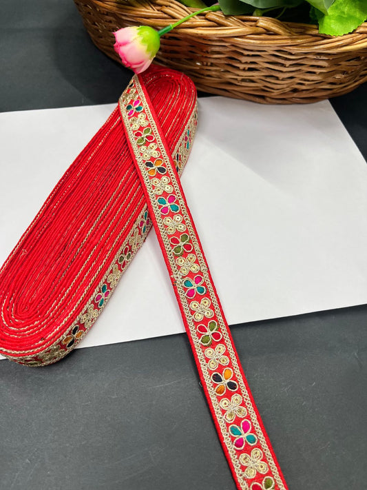 Multicoloured Embroidery Saree Lace Border for Garments & Boutique Wear – 9 Meter | Red