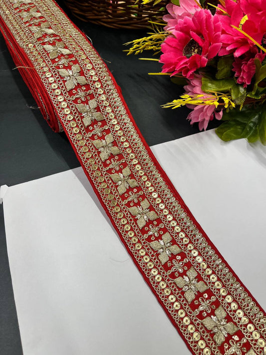 Zari Embroidered Saree Lace Border Trim for Dupatta & Dresses – Fancy Embellished Lace (9 Meter) | Red