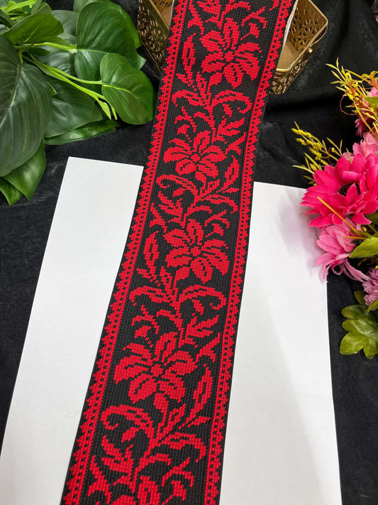 Cross Stitch Jacquard Border – 9 Meters, 4-Inch Thread Embroidered Lace for Sarees, Lehengas & Dupattas | Red