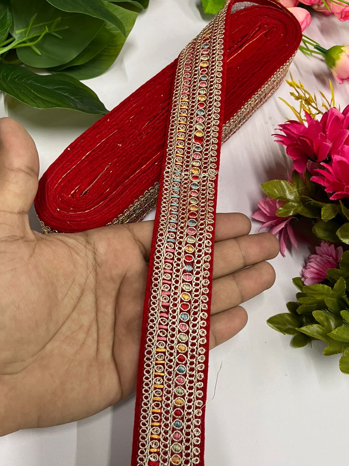 Velvet Embroidered Lace Trim | Saree Border | Craft Velvet Fabric Lace (9 Mtr) | Red