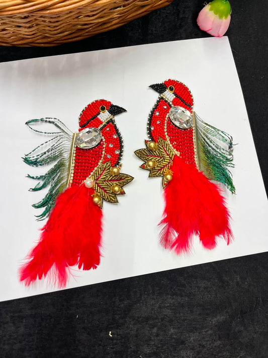 Handcrafted Feather Bird Patches for Sarees, Lehengas, Blouses & Dresses – Designer Bird Applique Set of 2 | DC1045 | Red