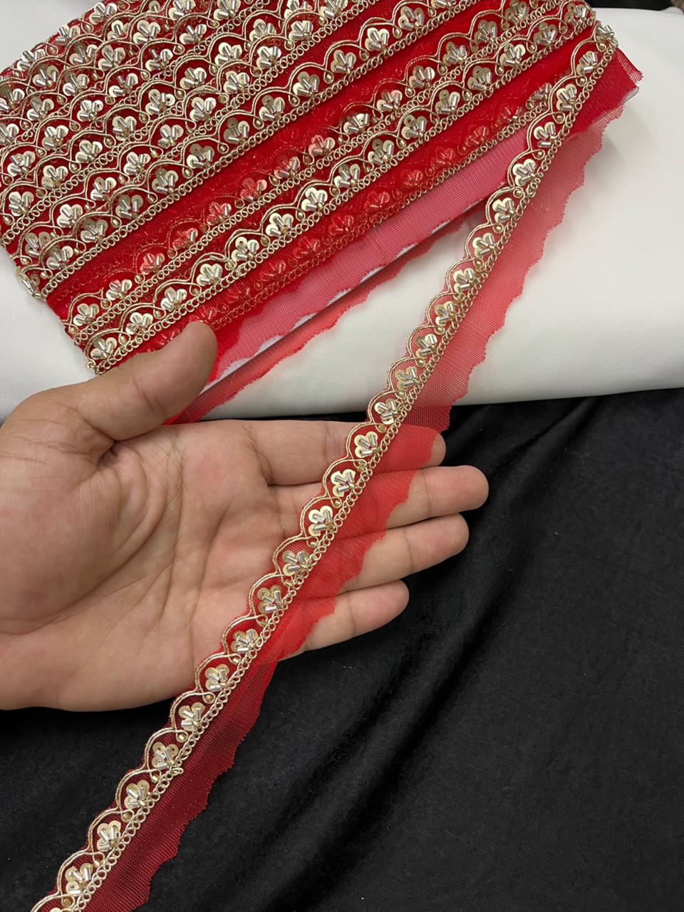 Scalloped Cutdana Work Lace for Sarees & Dupattas – Designer Maggam Work Lace Border (Half Inch) | Red