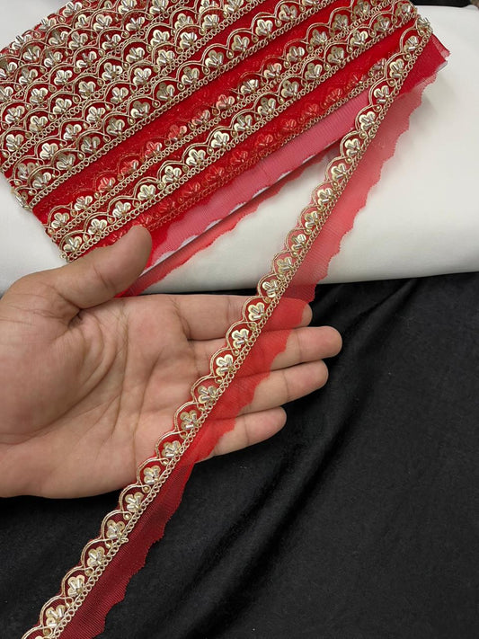 Scalloped Cutdana Work Lace for Sarees & Dupattas – Designer Maggam Work Lace Border (Half Inch) | Red