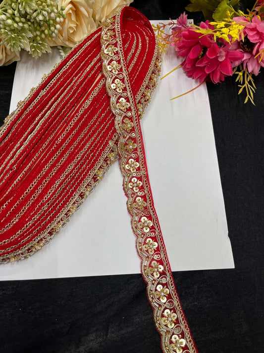 Handcrafted Katdana Saree Laces – 9 Meters, 1-Inch Maggam Work Embellished Border for Sarees, Lehengas & Dupattas | Red
