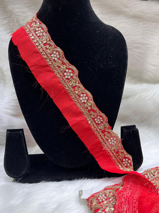 Maggam Work Lace for Sarees & Dupattas – 9 Meters, 2-Inch Width, Handcrafted Embroidery Border | Red
