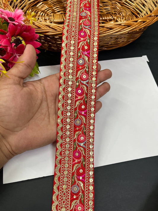 Sabyasachi Inspired Embroidery Lace Border for Sarees & Lehengas (9 Meter) – 2 Inch Width | Red
