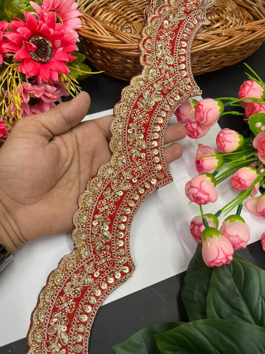 Scalloped Maggam Work Saree Borders – Premium Designer Maggam Lace Border for Ethnic Wear | Red