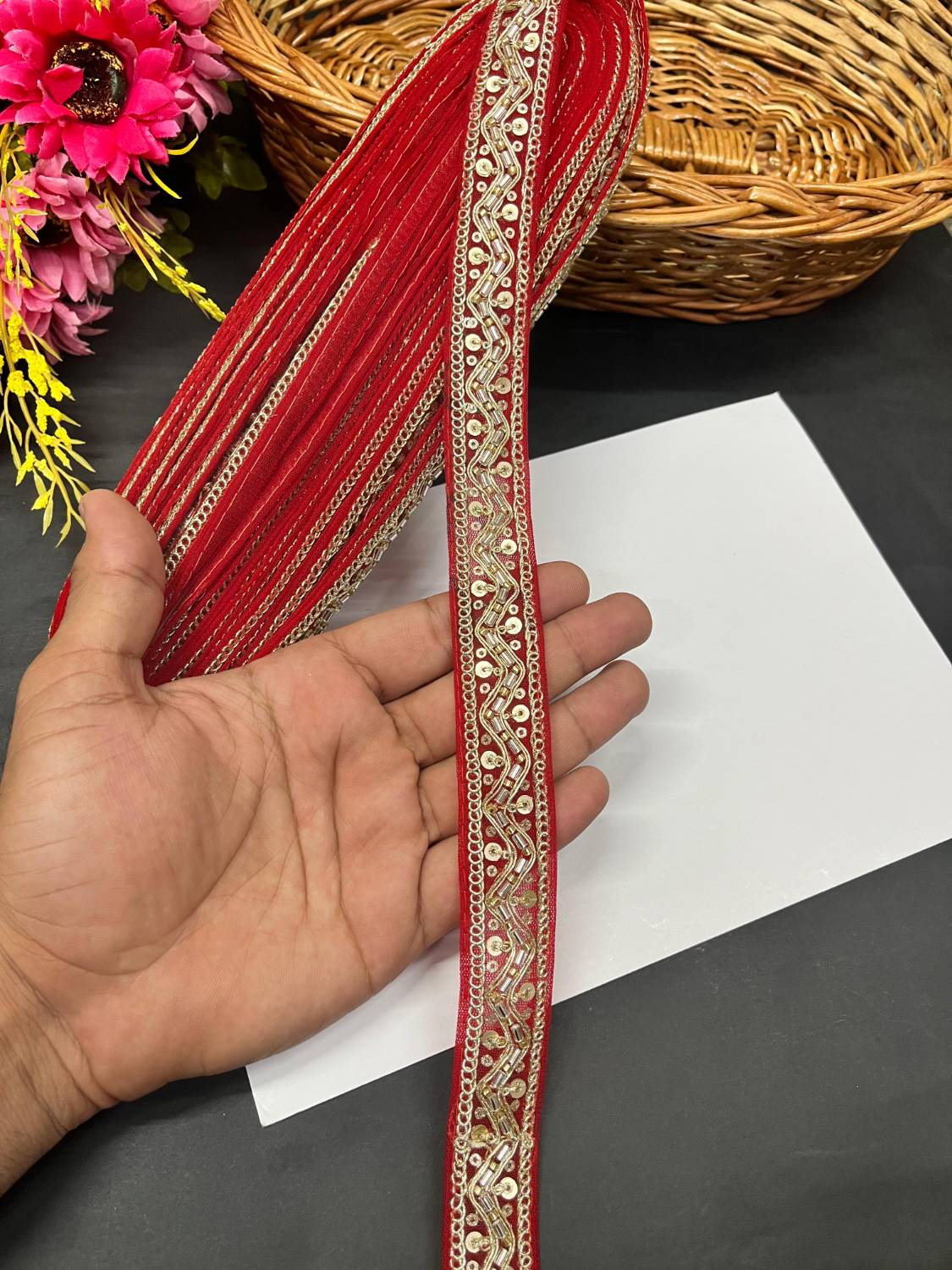 Beautiful Maggam Work Lace for Sarees – Decorative Maggam Work Lace (9 mtr, 1 inch) | Red