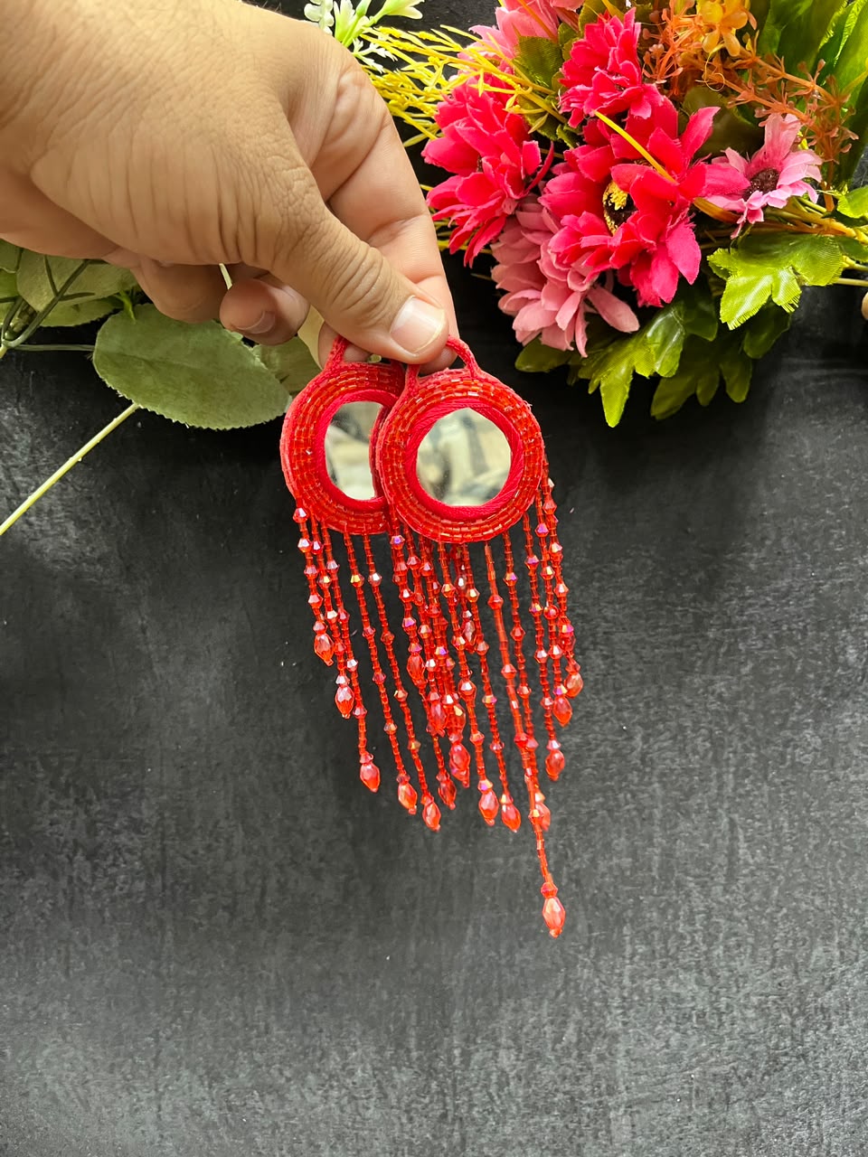 Designer Mirror Work Latkans for Blouses & Lehengas – Decorative Mirror Tassels for Ethnic Wear (6 Inch) | DC0981 | Red