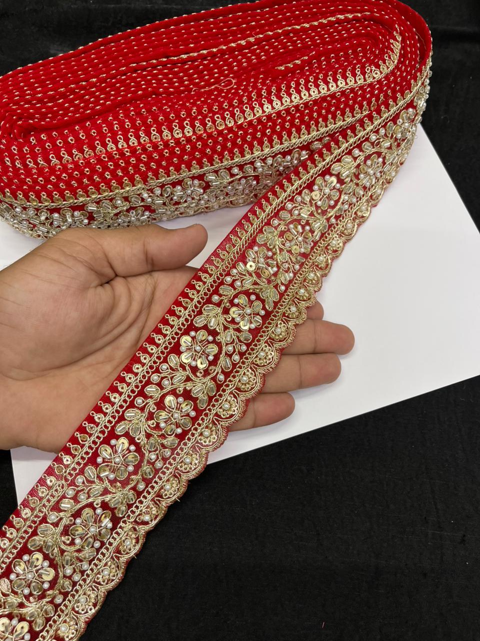 Rich Maggam Work Saree Border Lace for Blouses, Lehengas & Dresses – Designer Handcrafted Embroidered Lace (2.5 Inch) | Red