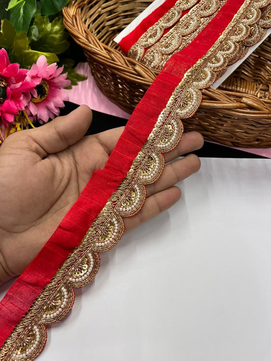 Handmade Scalloped Zardozi Maggam Work Saree Lace Borders – Premium Designer Maggam Lace | Red
