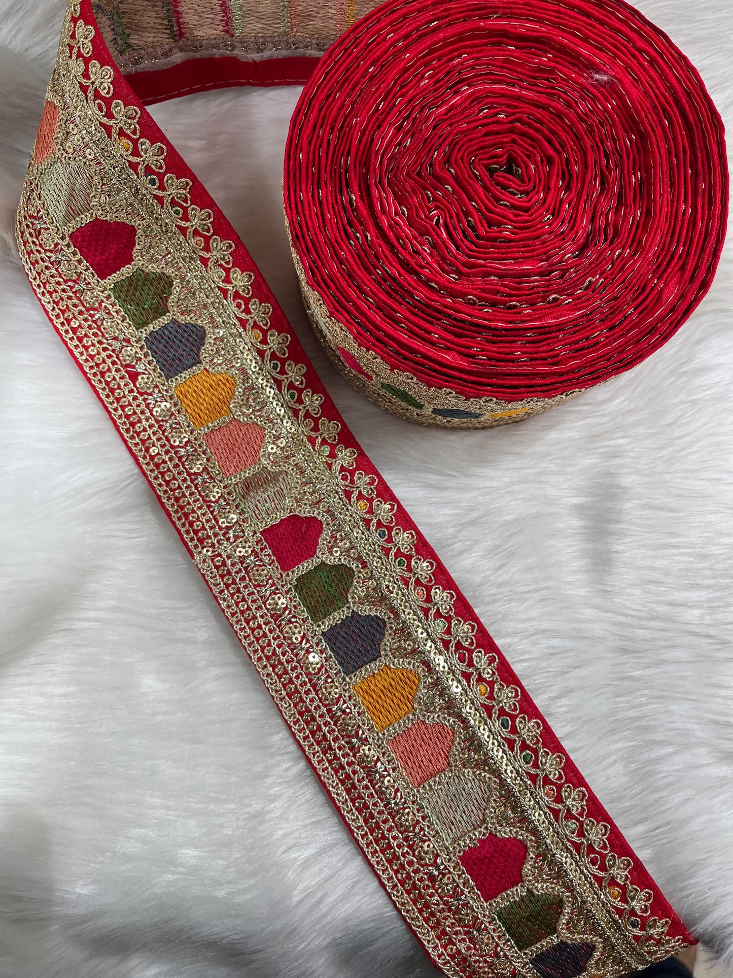 Sabyasachi Inspired Embroidery Lace Borders – 9 Meters, 3-Inch Width, Handcrafted Elegance | Red
