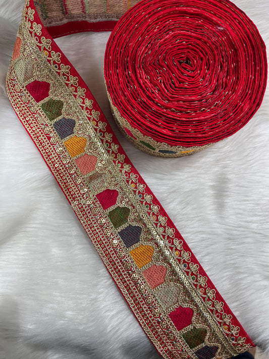 Sabyasachi Inspired Embroidery Lace Borders – 9 Meters, 3-Inch Width, Handcrafted Elegance | Red