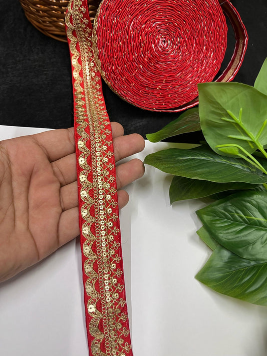 Gold Embroidered Saree Laces for Sarees, Kurtis, Dupattas, Dresses & Lehengas – 9 Meters, 1.25-Inch Decorative Border | Red