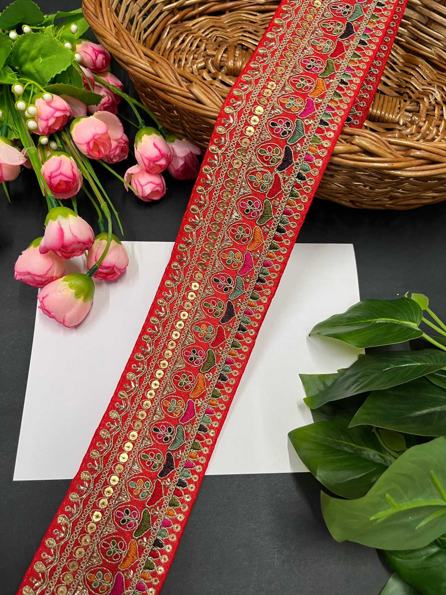 Exquisite Embroidered Lace Border – 9 Meters, 2.5-Inch Sabyasachi Inspired Designer Trim for Sarees & Lehengas | Red