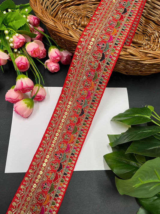 Exquisite Embroidered Lace Border – 9 Meters, 2.5-Inch Sabyasachi Inspired Designer Trim for Sarees & Lehengas | Red