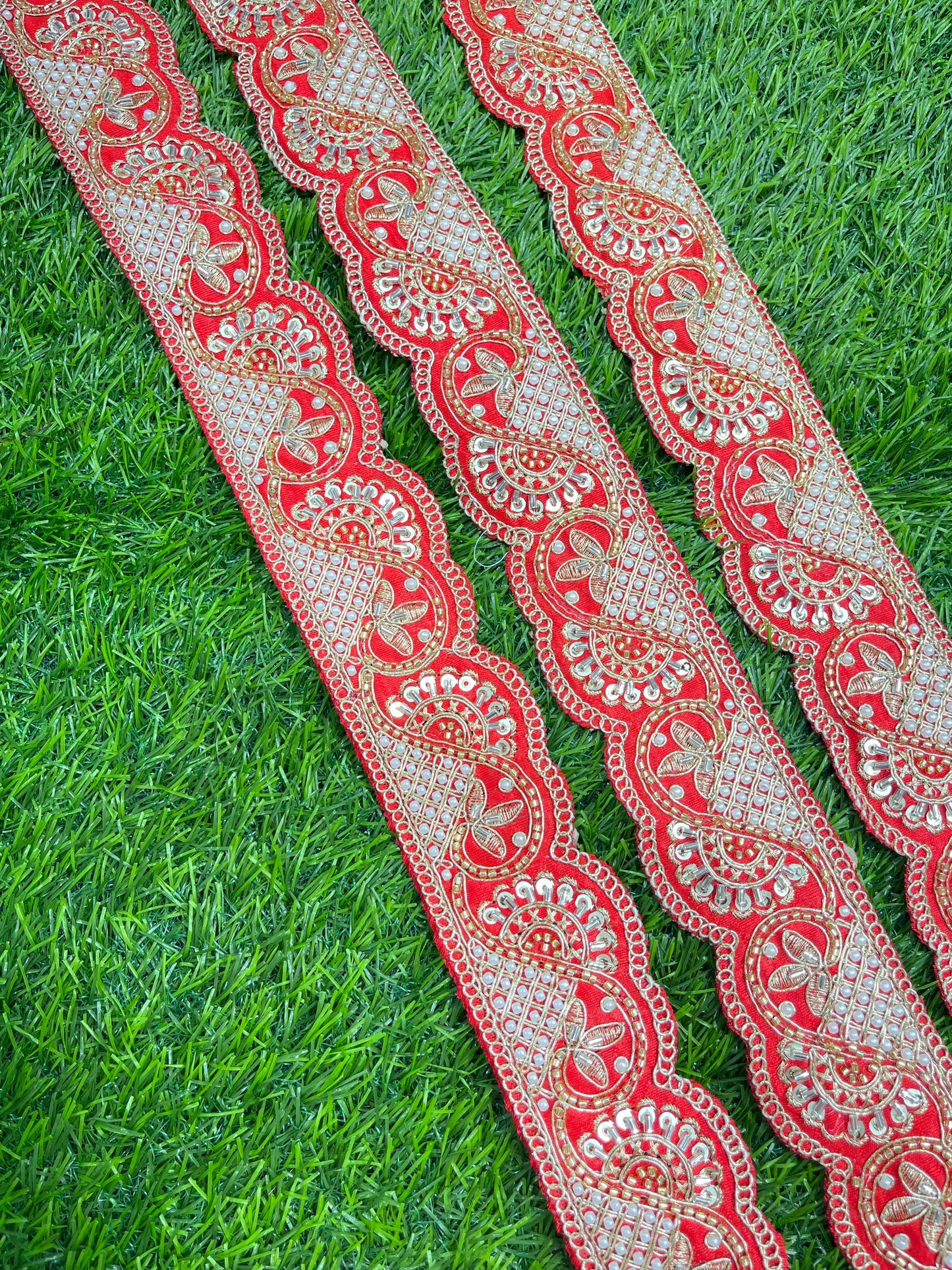 Vibrant Cutdana Beaded Embroidered Lace Border for Sarees and Dupatta – 9 Meters, 2-Inch Width | Red