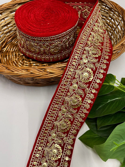 Gold Zari Embroidered Velvet Fancy Dress Lace | Velvet Lace Design (9 Mtr) | Red