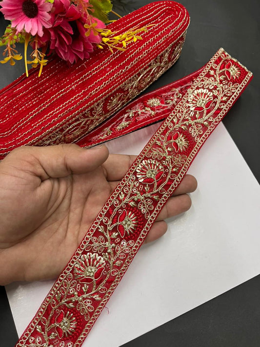 Sequins Work Zari Embroidered Laces – Premium Designer Borders for Sarees, Lehengas & Dupattas (9 Meter, 1.5 Inch Width) | Red