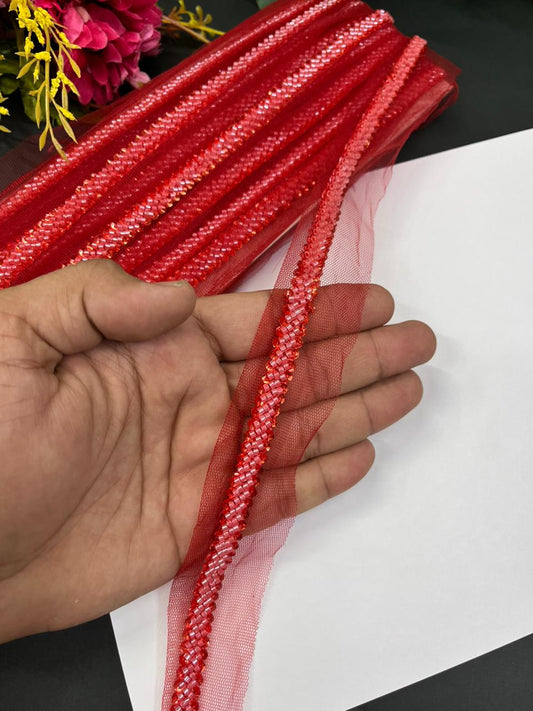 Imported Beaded Lace Trims – Premium Half-Inch Designer Lace for Sarees, Dupattas, Lehengas & Couture Wear (9 Meter) | Red