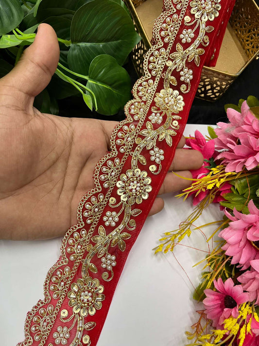 Gorgeous Embroidered Pearl & Cutdana Designer Lace – 9 Meters, 2.5-Inch Maggam Work Border for Sarees & Lehengas | Red