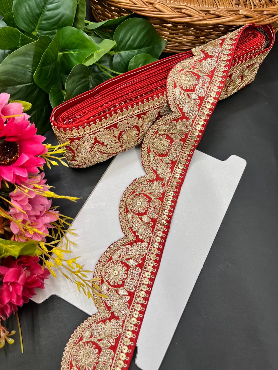 Delicate Scalloped Embroidery Lace for Sarees & Dresses – Designer Embroidered Border for Ethnic & Western Outfits (9 Meter, 2 Inch Width) | Red