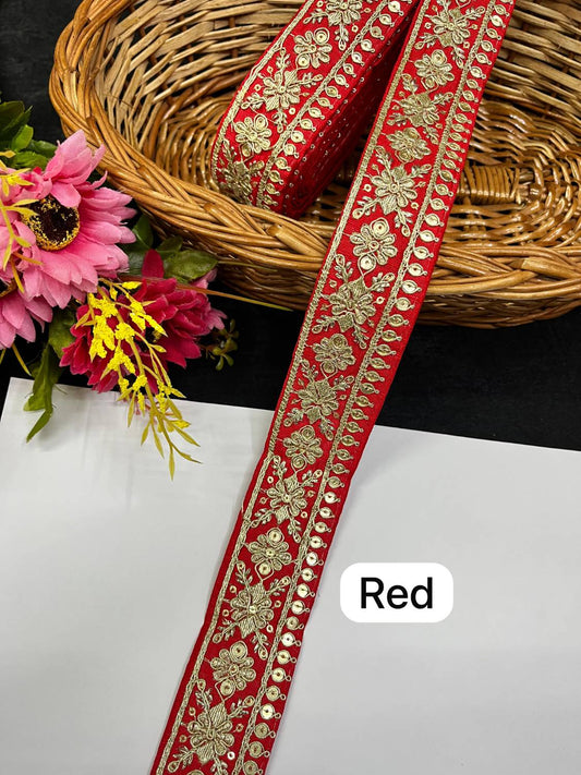 Gold Zari Embroidered Lace for Sarees & Dupattas Border Trim (9 Meter) – 1.5 Inch Width | Red
