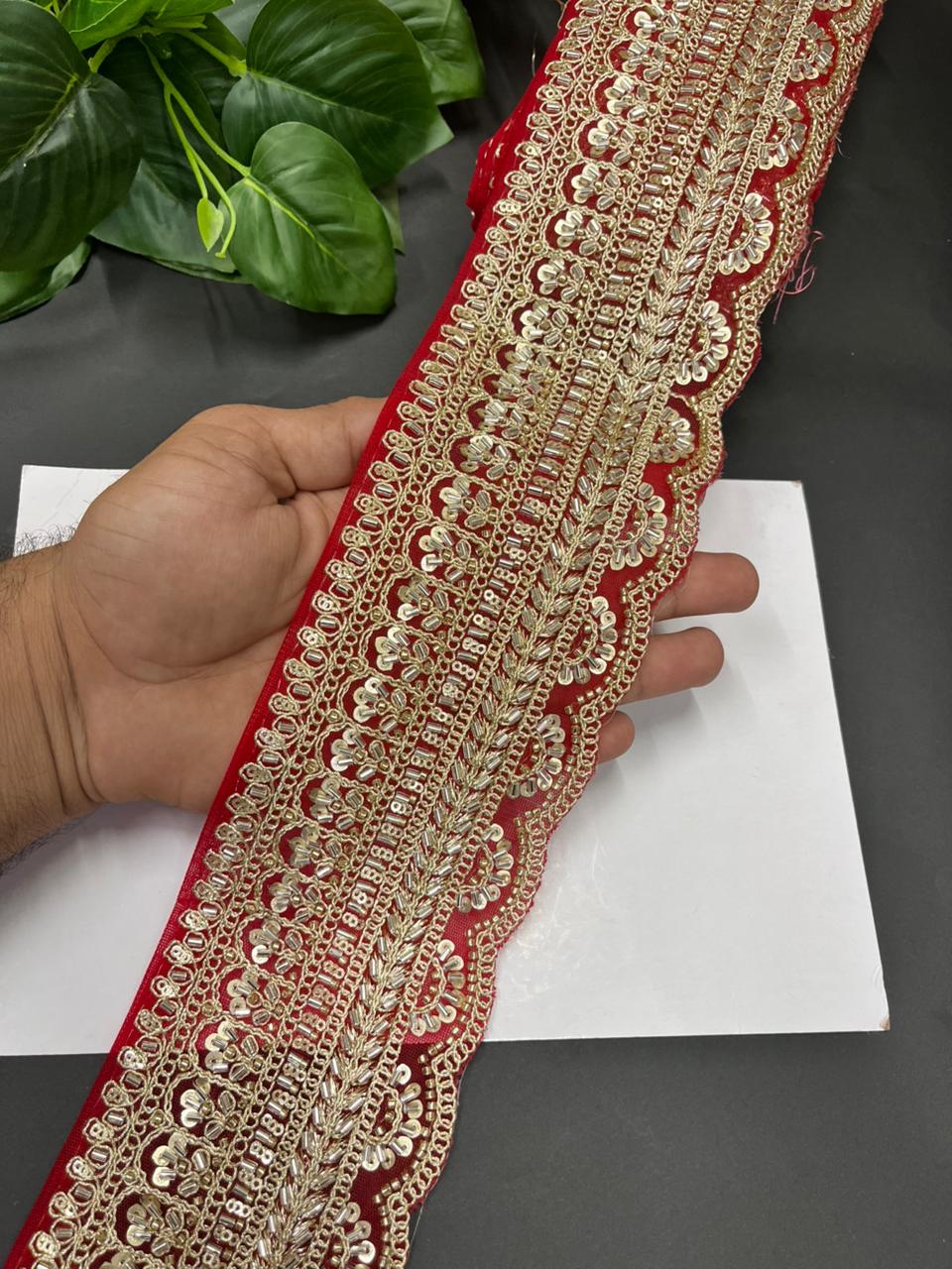 Exclusive Bridal Saree Laces & Borders on Net Fabric – Maggam Work Designer Trim for Sarees, Lehengas & Dupattas (9 Meter, 4 Inch Width) | Red